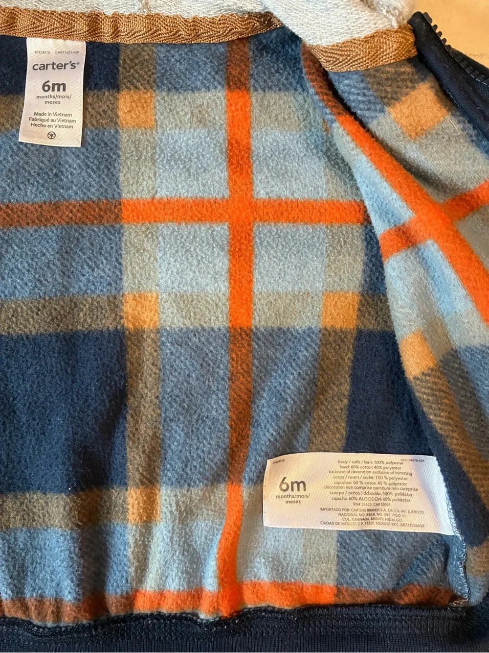 Carter’s 6M Plaid Fleece Zip Hoodie 🧡